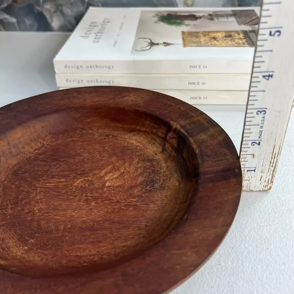 Vintage Dark Solid Wood Round Plate Tray 9